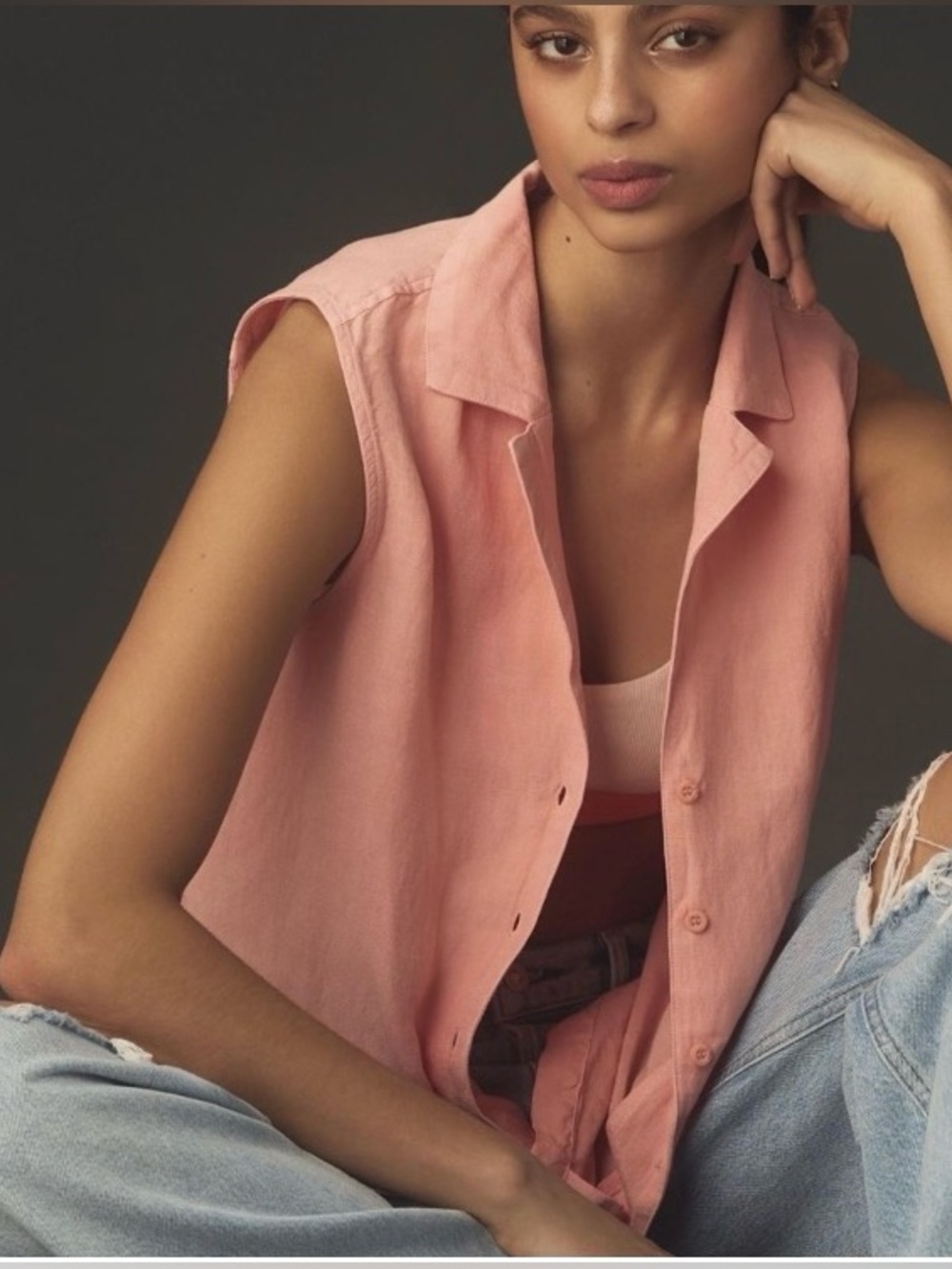 Cloth & Stone for Anthropologie Notch Collared Tank in Coral Small Casual Chic